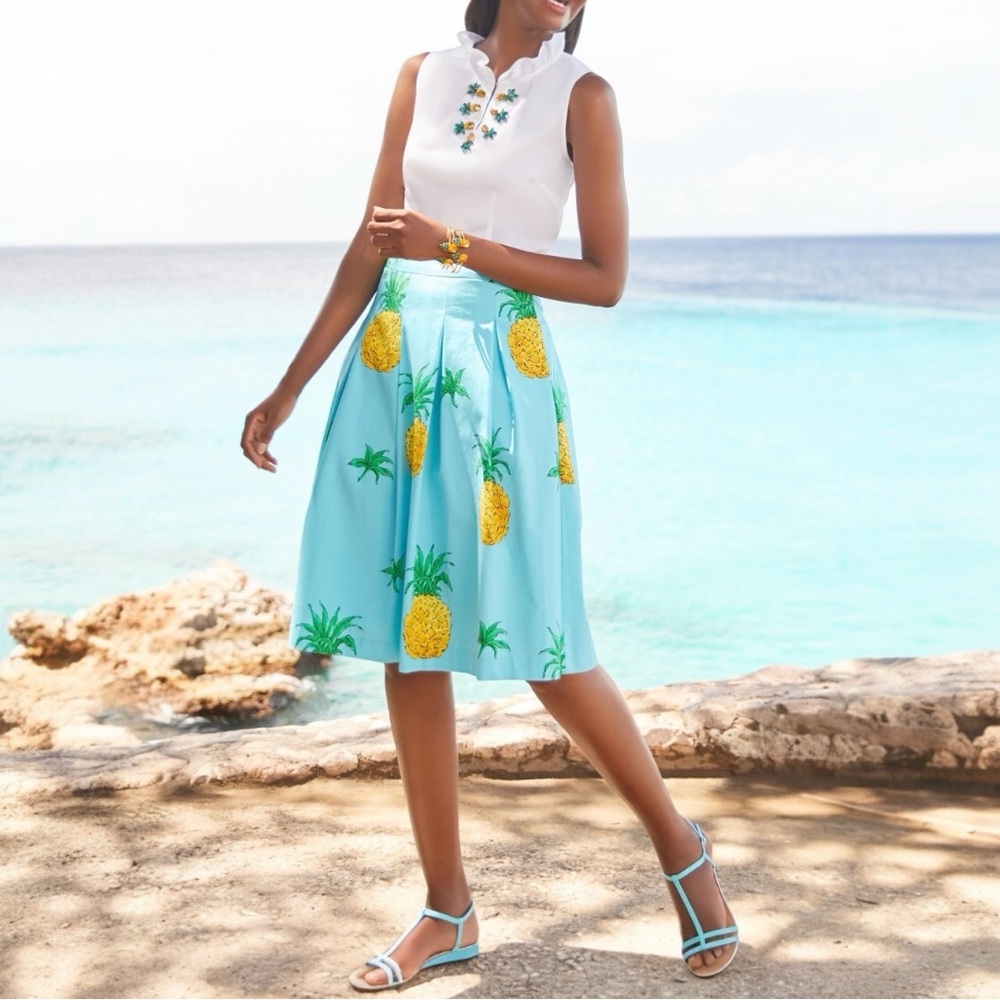 NWT Talbots Blue & Yellow Pleated Pineapple Print A-Line Skirt 4 Petite